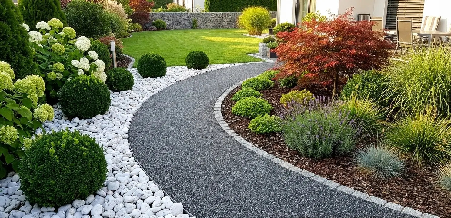 Steinteppich-Komplettset für den Außenbereich - Verlegt im Gartenweg in der Farbe Grigio Carnico