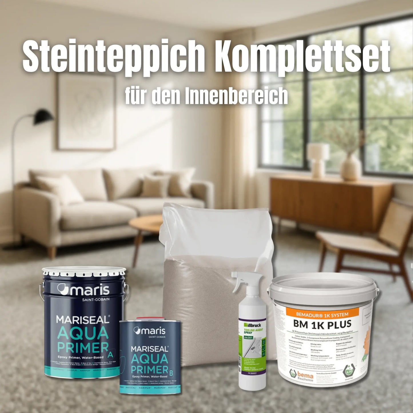 Steinteppich-Komplettset für den Innenbereich - TECHPUR Marmorkies (2-4mm) 25kg